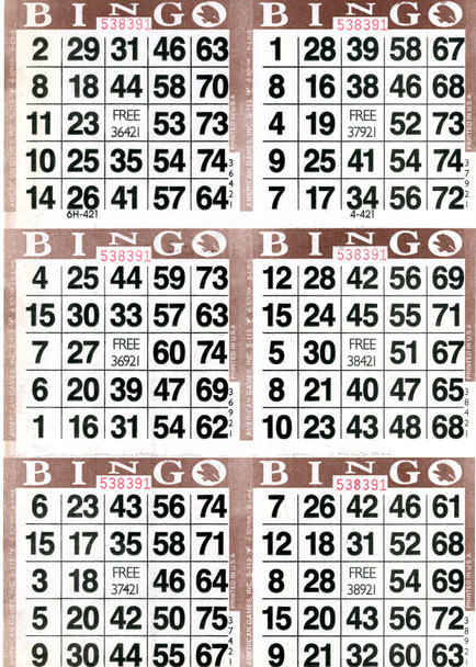 American Games Bingo Paper Game Cards - 6 cards - Brown - 500 sheets per pack, Made in USA