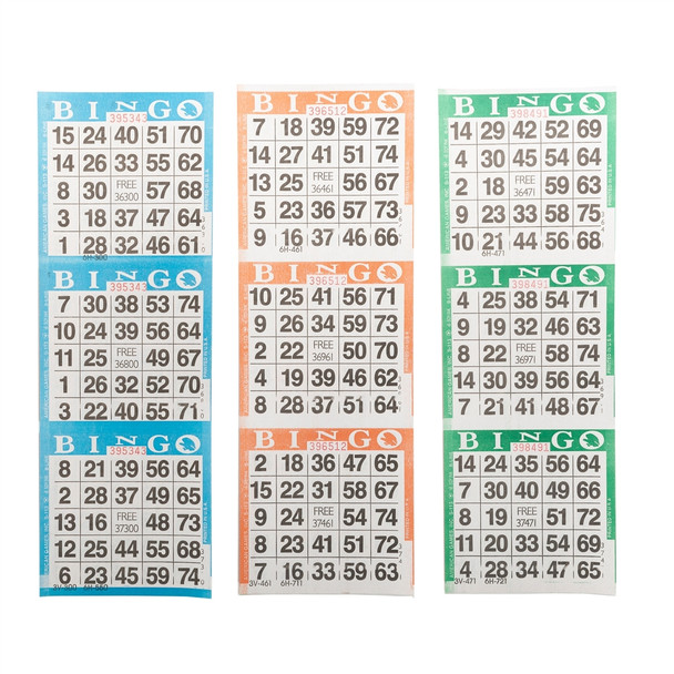 American Games Bingo Paper Game Cards - 3 cards - 3 sheets - Blue, Orange, Green - 100 books per pack - 3 Colors, Made in USA