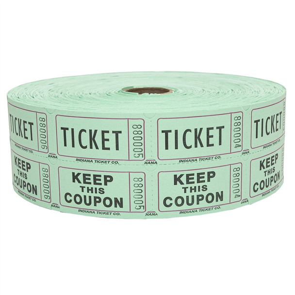 Indiana Ticket - Green Double Roll Raffle Tickets - 2,000 Sequentially Numbered 2 Part Tickets, 50/50 Raffle Tickets, Tickets for Drawings, Events, Carnivals, Door Prizes, Drinks, and More