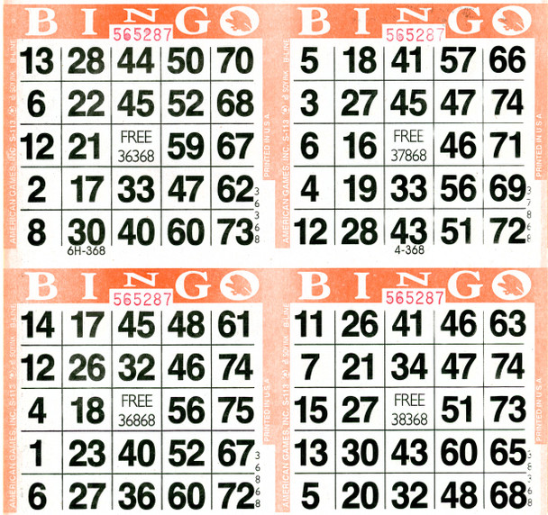 American Games Bingo Paper Game Cards - 4 cards - Orange - 750 sheets per pack, Made in USA