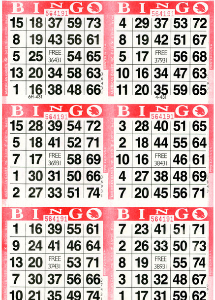 American Games Bingo Paper Game Cards - 6 cards - Red - 500 sheets per pack, Made in USA