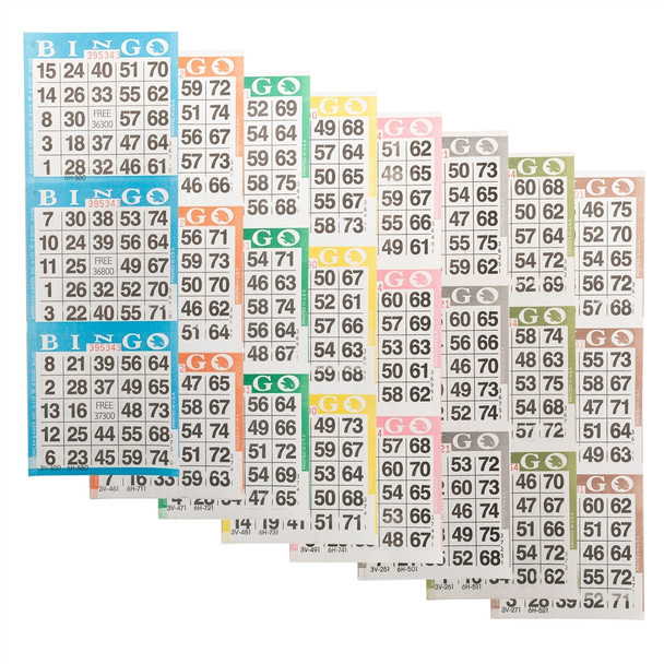 American Games Bingo Paper Game Cards - 3 cards - 8 sheets - 100 books per pack - 8 Colors, Made in USA