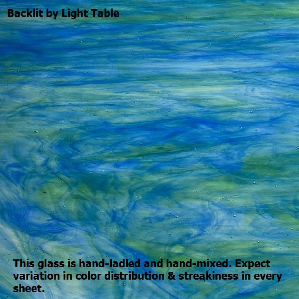 "Blue Lagoon" - Dark Blue, Medium Green & Crystal Streaky Aqualite Transparent (197LLAQ-8) - 8" x 12" Sheet