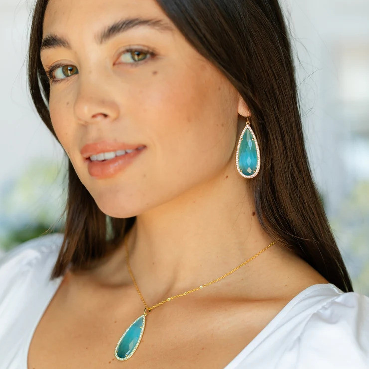 Long Shimmer Stone Earrings-Aqua