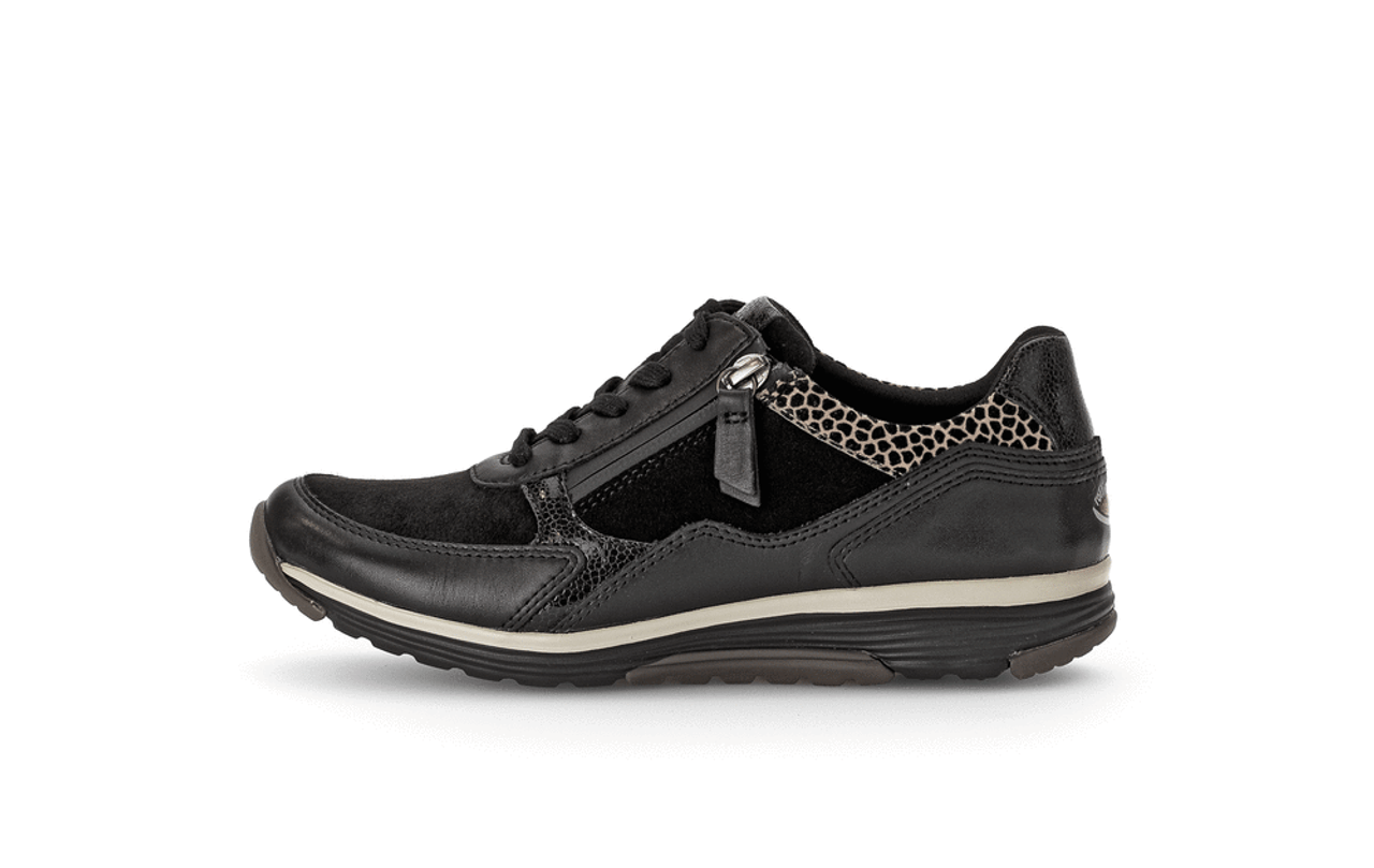 Gabor Rolling Soft 76.977.67 Black & Animal Print Low Wedge Sneaker | newshoes.ie
