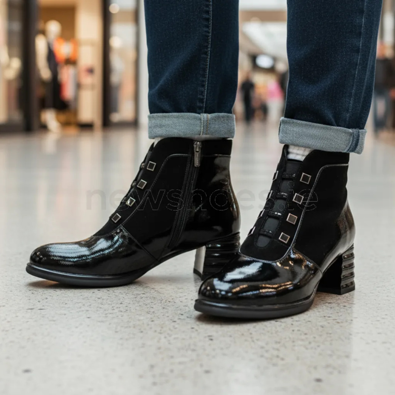 Loretta Vitale C3890 Black Patent Suede Trim Ankle Boot Loretta Vitale C3890 Black Patent Suede Trim Ankle Boot