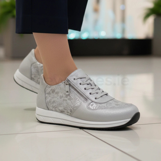Rieker N1112-80 Silver, Flower Pattern Wide Fit Sneaker | newshoes.ie