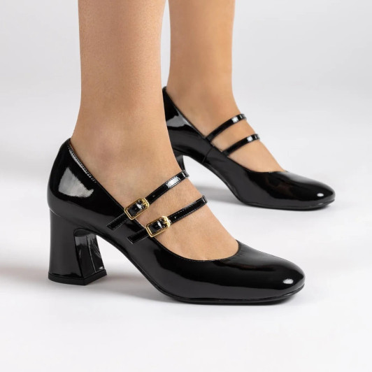 Unisa Mount Black Patent Two Straps Court Shoe | newshoes.ie