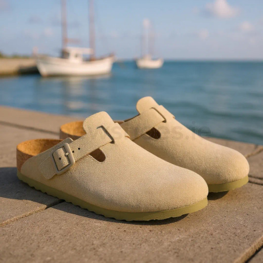 Boston Boston Suede Leather Faded Khaki 1025844 Ladies Clog | newshoes.ie