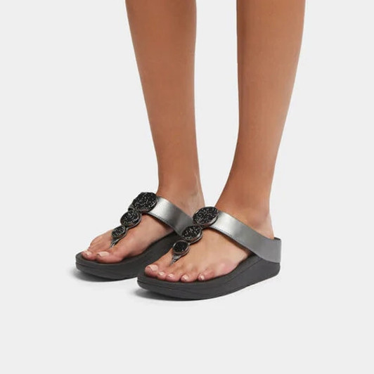 Fitflop Halo Pewter Black HJ-B06-060 Bead-Circle Metallic Toe-Post Sandals | newshoes.ie