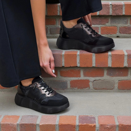 Wonders Roma 31 Black Metallic Wedge Sneaker | newshoes.ie