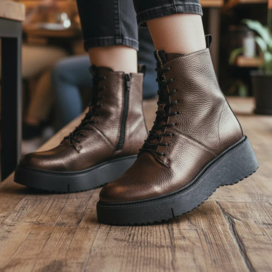 Lady wearing Wonders Sage A-9350 Metallic Bronze Leather Ankle Boot | newshoes.ie