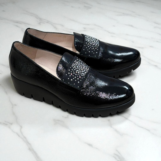 Wonders C-33158 Black Leather Patent Wedge Loafer | newshoes.ie