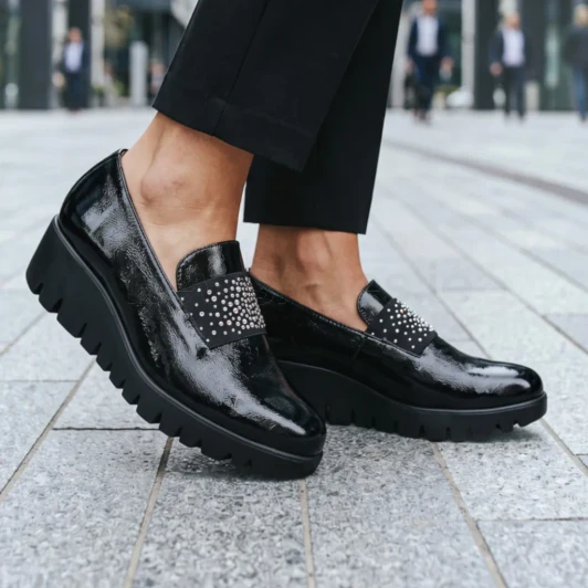 Wonders C-33158 Black Leather Patent Wedge Loafer | newshoes.ie