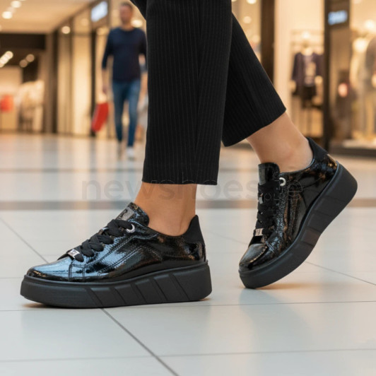 Rieker Sport W2601-00 Black Patent Wedge Sneaker | newshoes.ie