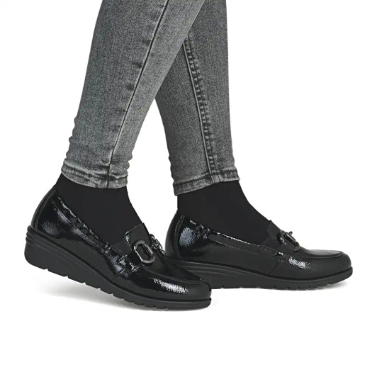 Rieker L5352-00 Black Patent Wedge Loafer | newshoes.ie