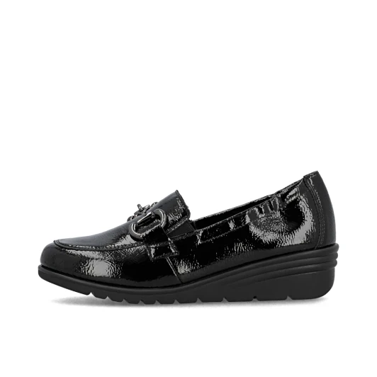 Rieker L5352-00 Black Patent Wedge Loafer | newshoes.ie