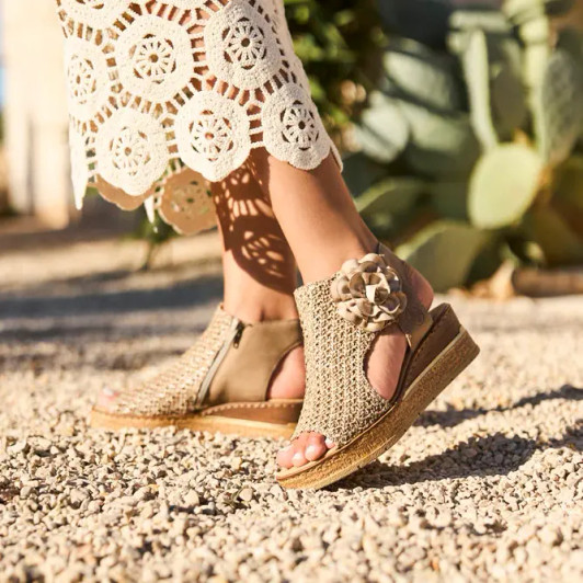 Rieker 63791-60 Taupe Woven Wedge Sandal | newshoes.ie