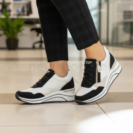 Remonte D0T01-03 White & Black Wide Fit Wedge Sneaker | newshoes.ie