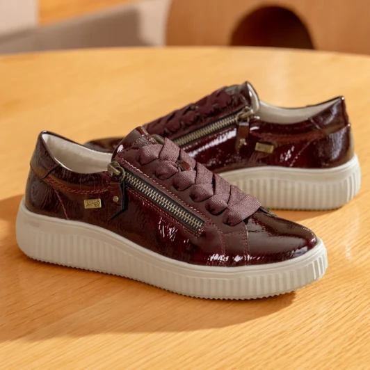 Remonte D3E07-35 Burgundy Patent Water-Repellent Wide Fit Casual Shoe | newshoes.ie