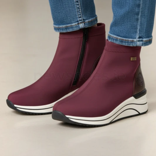 Remonte D0T73-35 Burgundy Water-Repellent Wide Fit Wedge Ankle Boot | newshoes.ie