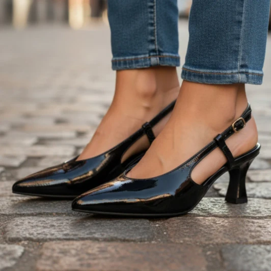 Marco Tozzi 29609-47 018 Black Patent Slingback Pump | newshoes.ie