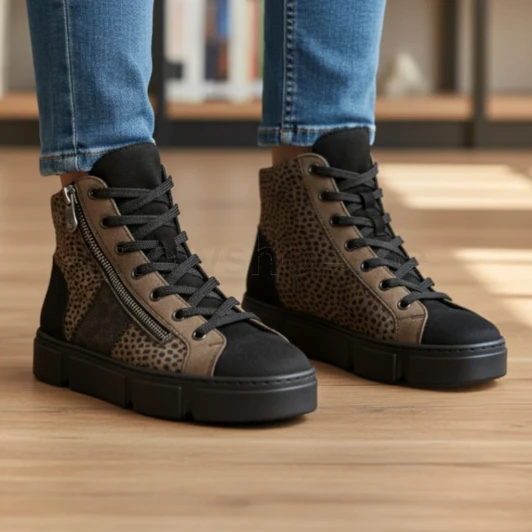 Rieker N5931-25 Black Leopard Print High Top | newshoes.ie