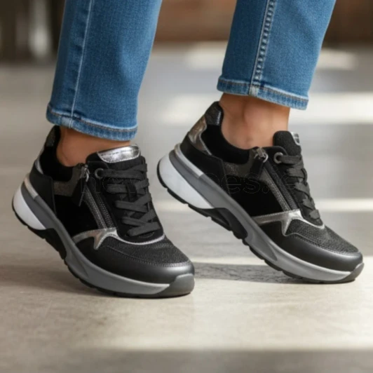 Gabor Rolling Soft 0105.01.001 Black Metallic Wider Fit Sneaker | newshoes.ie