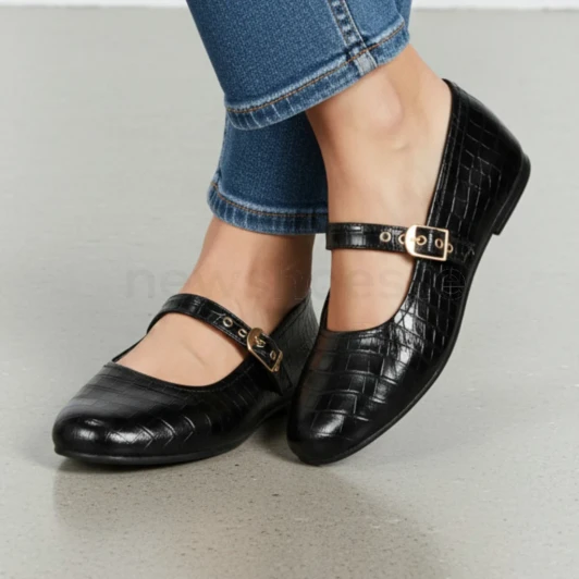 Clarks Livia Jane 26320258 Black Croc Mary Jane Style Flat Pump | newshoes.ie
