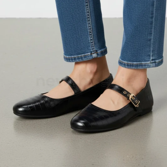 Clarks Livia Jane 26320258 Black Croc Mary Jane Style Flat Pump | newshoes.ie
