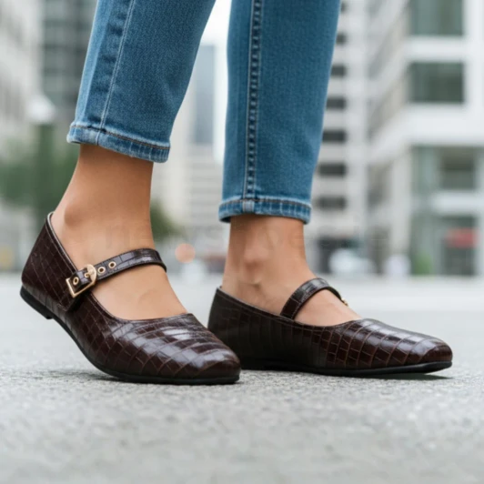 Clarks Livia Jane 26327192 Dark Brown Croc Mary Jane Style Flat Pump | newshoes.ie
