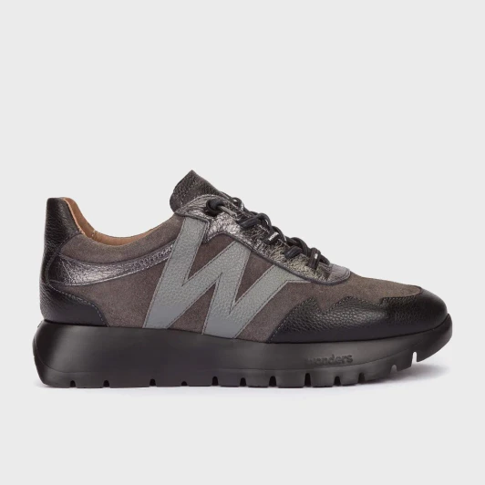 Wonders Odisei 110 Black & Grey Women's Leather Sneaker | newshoes.ie