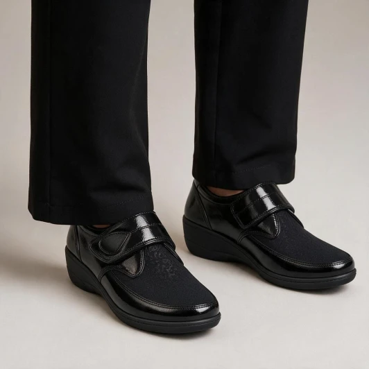 Softmode Elma 6432-10 Black Patent Stretch 2E Wider Fitting Women's Velcro Shoe | newshoes.ie