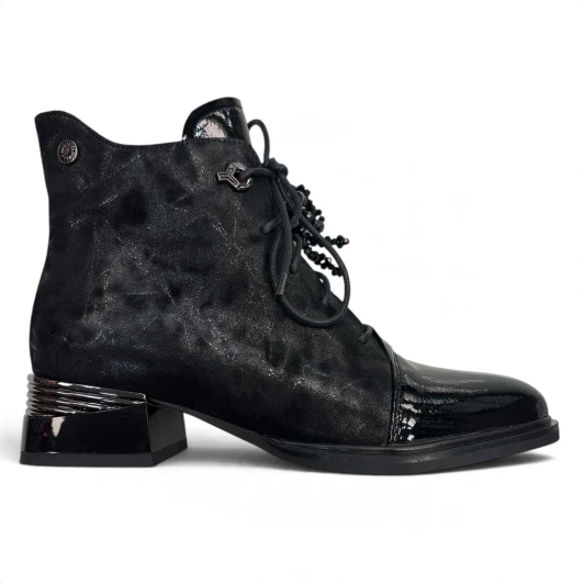 Loretta Vitale C38155 Black Patent Print Lace Block Heel Ankle Boot | newshoes.ie