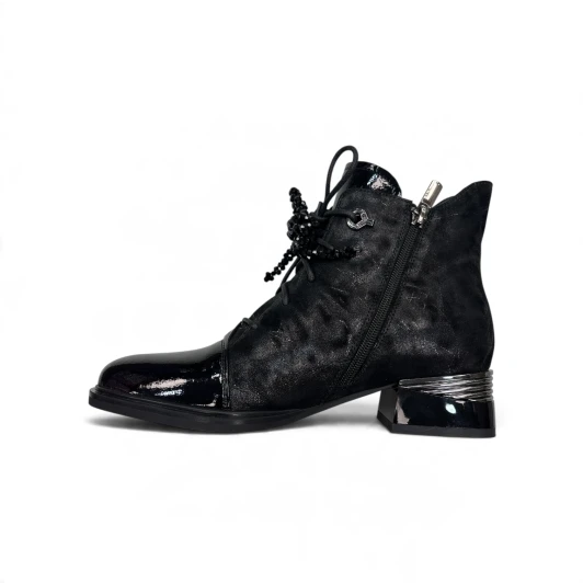 Loretta Vitale C38155 Black Patent Print Lace Block Heel Ankle Boot | newshoes.ie