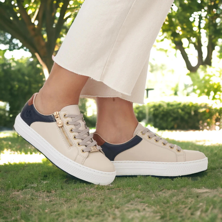 Rieker L59A1-60 Beige & Navy Leather Trainer