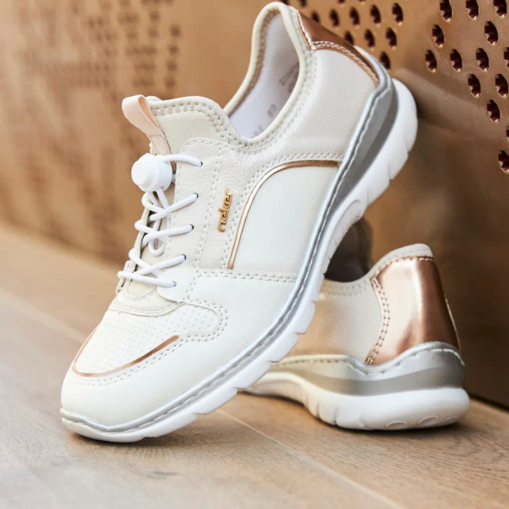 Rieker L3294-80 White, Beige & Rose Gold Toggle Sneaker