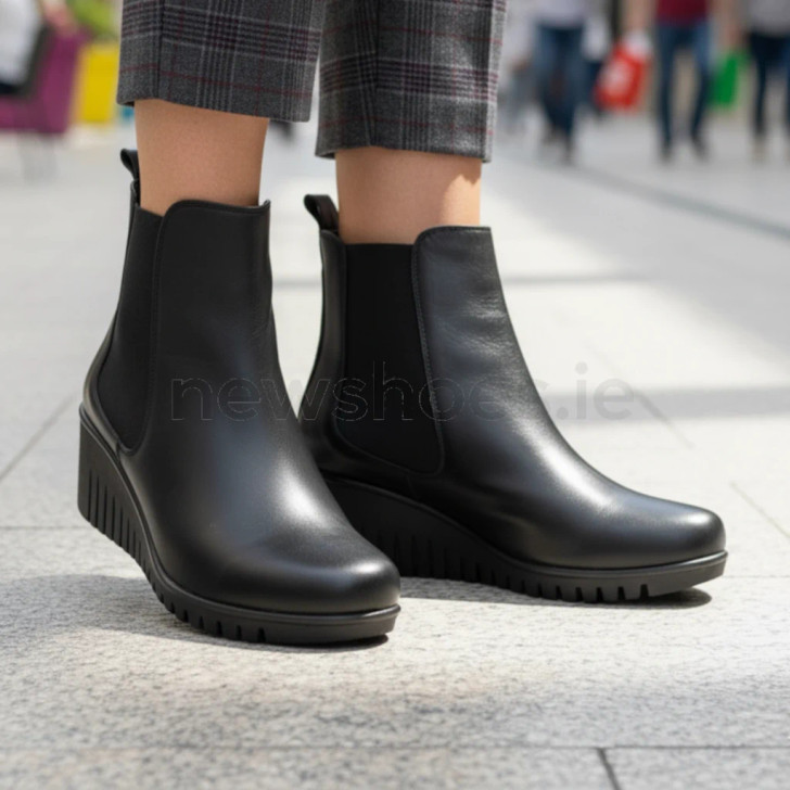 Lotus Dresden Black Leather Wedge Ankle Boot