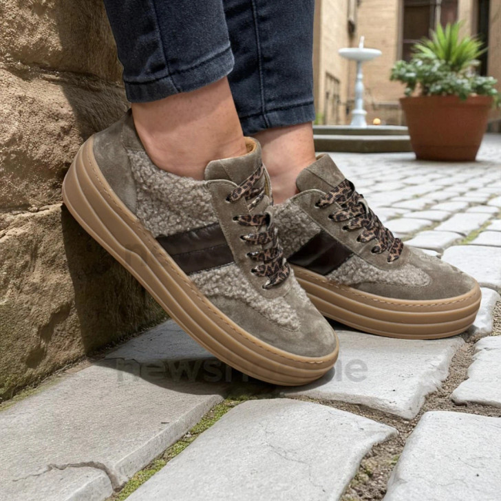 Gabor 73.350.14 Taupe Woolly Lace Platform Sneaker | newshoes.ie