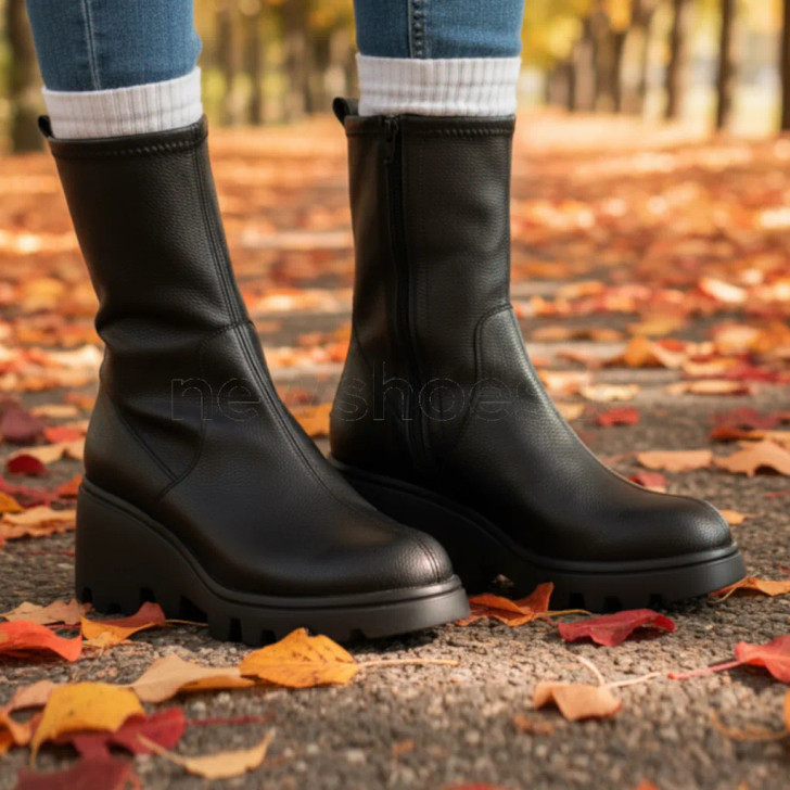 Wonders Toronto 17 Black Stretch Mid Calf Wedge Boot | newshoes.ie