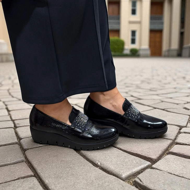 Wonders C-33158 Black Leather Patent Wedge Loafer | newshoes.ie