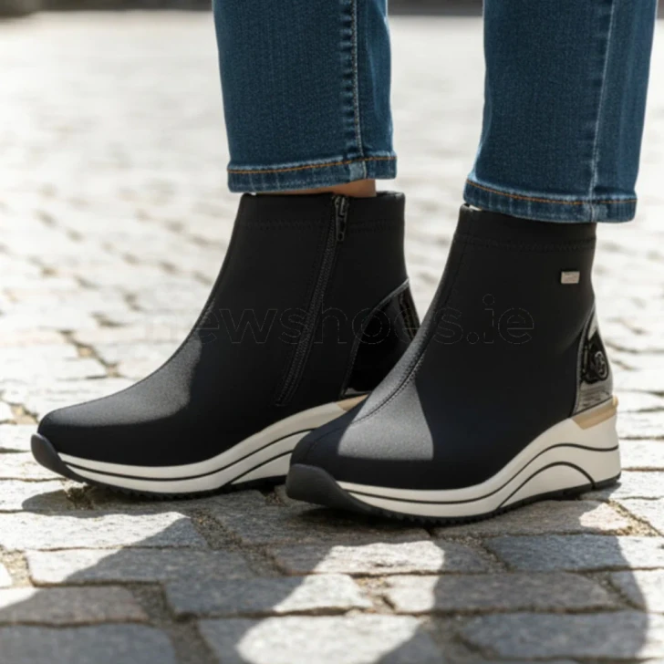 Remonte D0T73-03 Black Water-Repellent Wide Fit Wedge Ankle Boot