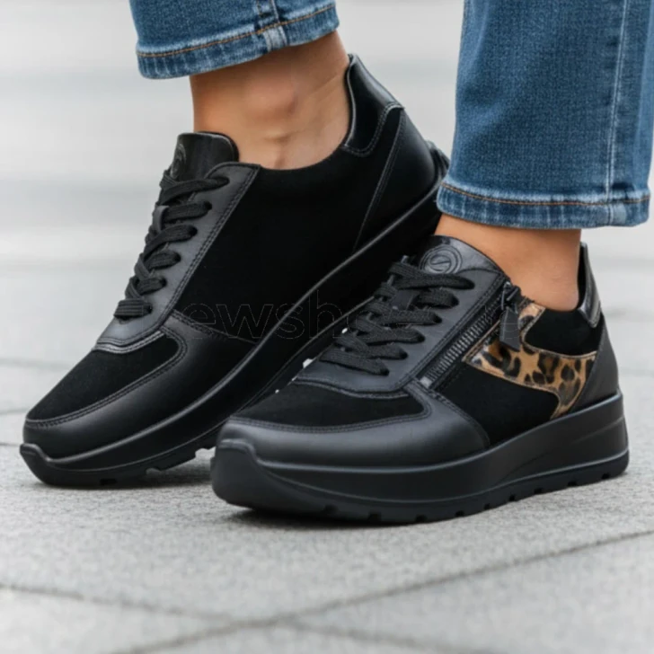 Ara New York 12-25112-10 (H Fitting) Black Leopard Print Wide Fit Sneaker