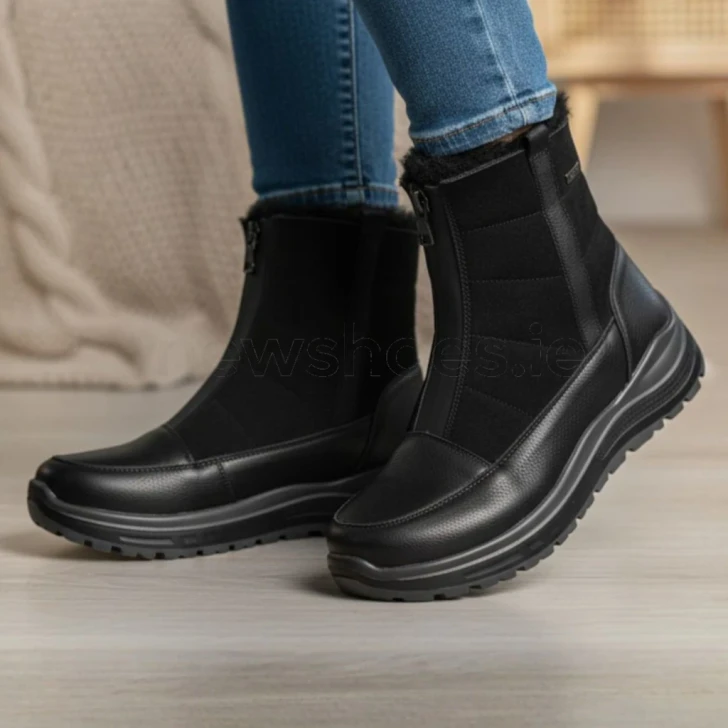 G Comfort R-55101S Black Leather Front Zip Wide Fit Women's Weatherproof Boot