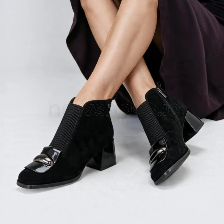 Loretta Vitale C2615 Black Suede Patent Front Block Heel Ankle Boot