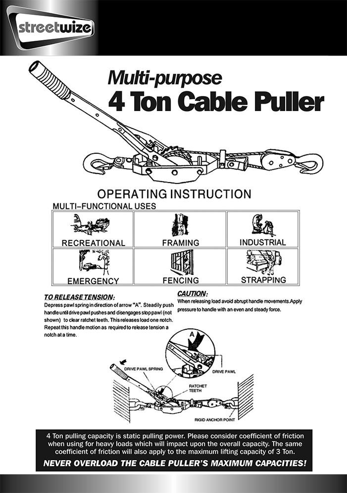 Caraquip.co.uk Streetwize 4 Tonne Heavy Duty Hand Cable Lifter Puller