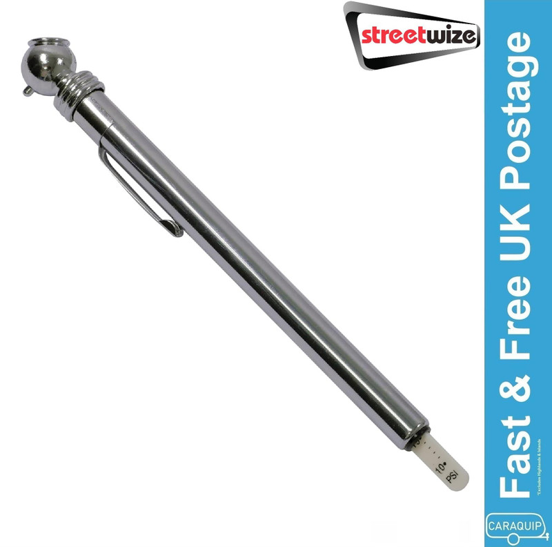 Streetwize Chrome Pencil Tyre Pressure Gauge 10-50psi