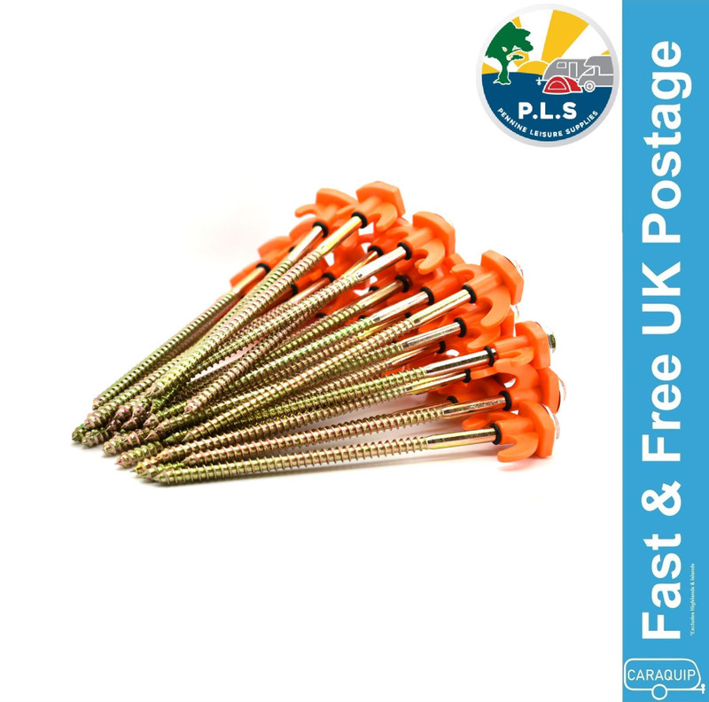 Rock Tent Pegs Screw-In High Viz Orange Top Heavy Duty Awning Camping Peg x 50
