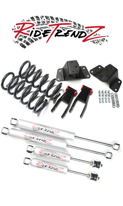 RTZ Chevrolet GMC Silverado Sierra 1500 Pickup Lowering Kit 3" Front Lowering Drop Coil Springs + 3" Rear Hanger & Shackle Kit + RTZ Primo NIitrogen Gas Charged Shocks 2WD V8 Motor