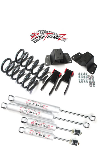 RTZ Chevrolet GMC Silverado Sierra C10 Pickup Lowering Kit 3" Front Lowering Drop Coil Springs + 4" Rear Hanger & Shackle Kit + RTZ Primo Nitrogen Gas Charged Shocks V8 Motor 2WD